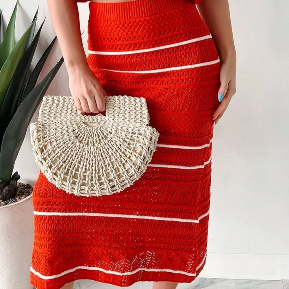 Red Casual Women's Stripe Sleeveless Sweater Set